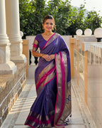 Violet Checks & Pink Border Silk Saree - view 6 of 9