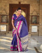 Violet Checks & Pink Border Silk Saree - view 7 of 9