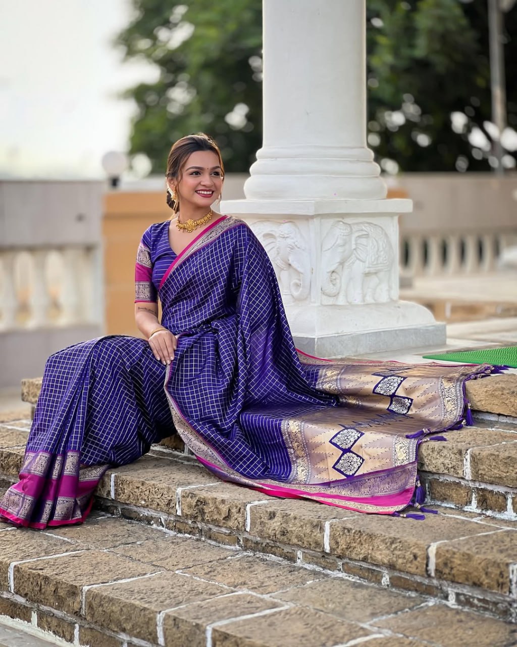 Violet Checks & Pink Border Silk Saree - view 8 of 9