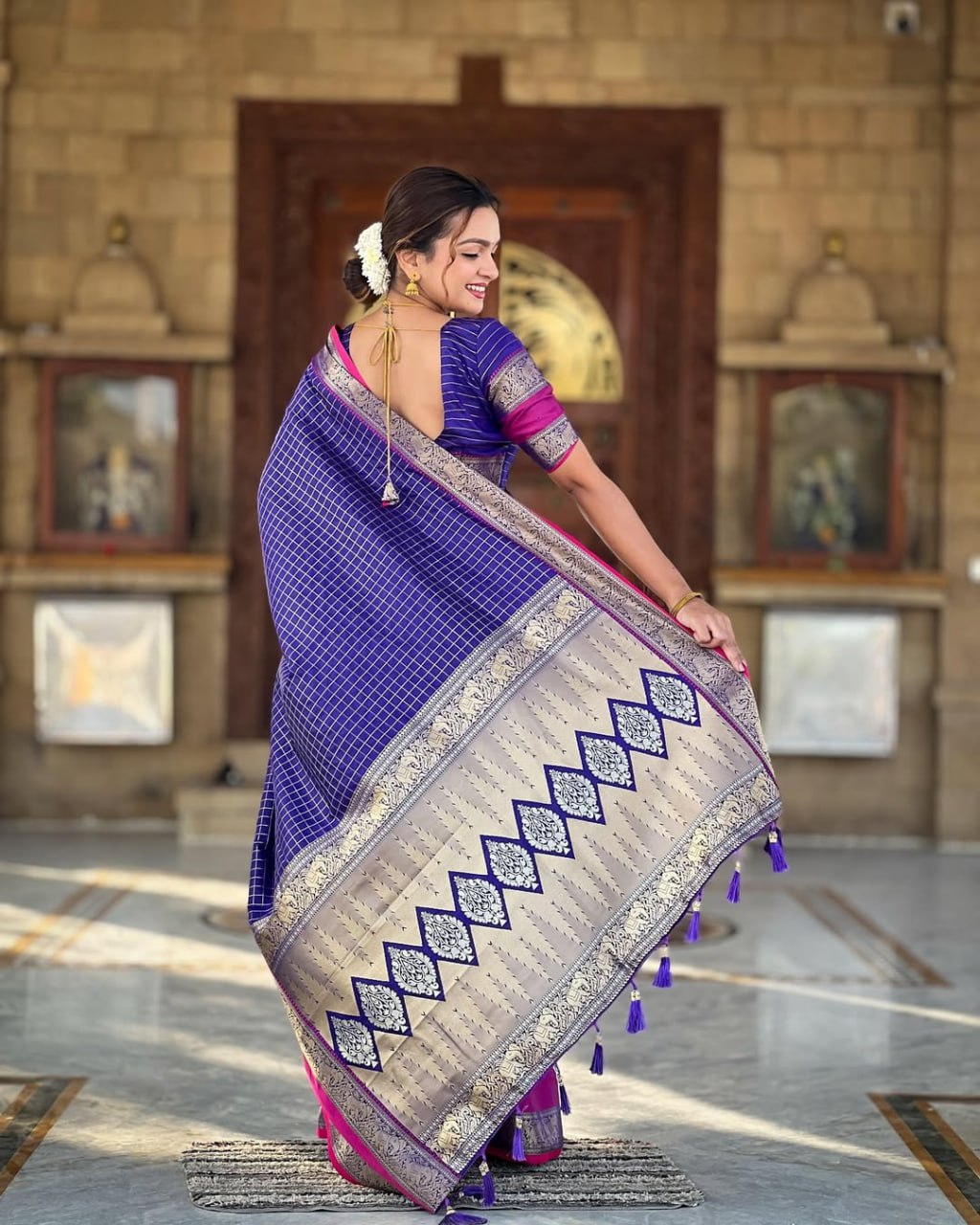 Violet Checks & Pink Border Silk Saree - view 9 of 9