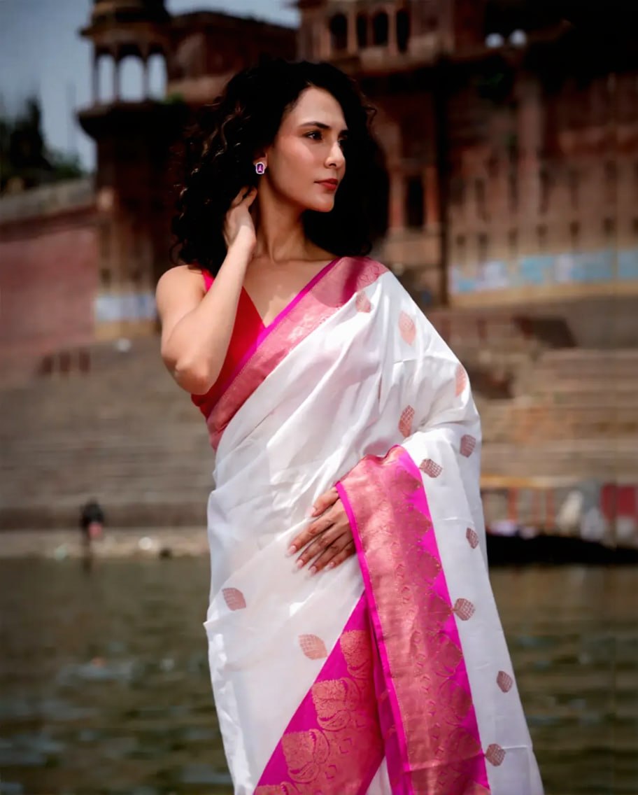 White & Rani Pink Banarasi Silk Saree - Shivay Libas