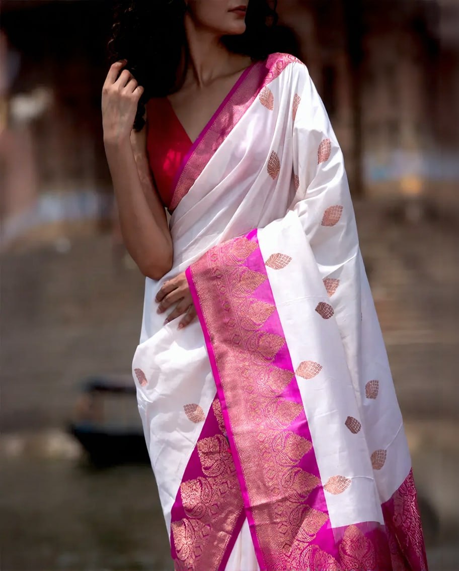 White & Rani Pink Banarasi Silk Saree - view 2 of 9