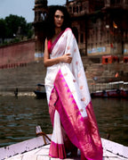 White & Rani Pink Banarasi Silk Saree - view 3 of 9