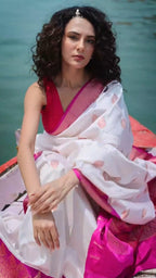 White & Rani Pink Banarasi Silk Saree - view 4 of 9
