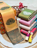 Yellow & Grey Lotus Motif Silk Saree - Shivay Libas