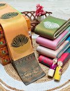 Yellow & Grey Lotus Motif Silk Saree - Shivay Libas