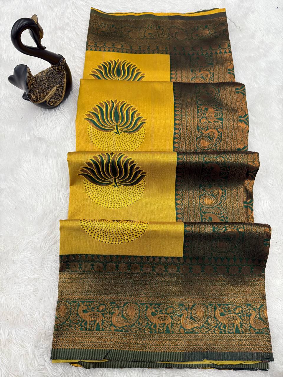 Yellow & Grey Lotus Motif Silk Saree - view 2 of 5