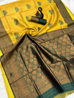 Yellow & Grey Lotus Motif Silk Saree - view 3 of 5