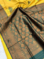 Yellow & Grey Lotus Motif Silk Saree - view 5 of 5